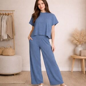NEW Zenana Dusty Blue Ribbed Two-Piece Knit Set Top & High Rise Pants Medium